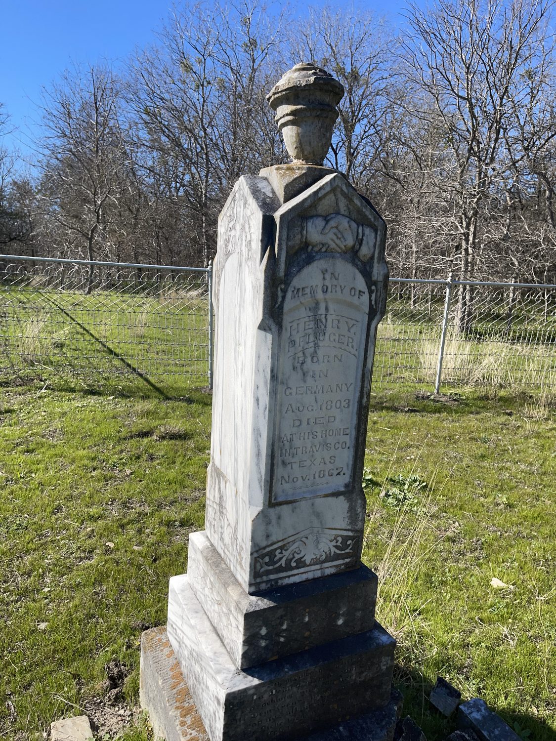 The grave marker of Henry Pfluger, founder of Pflugerville, at Pfluger Cemetery