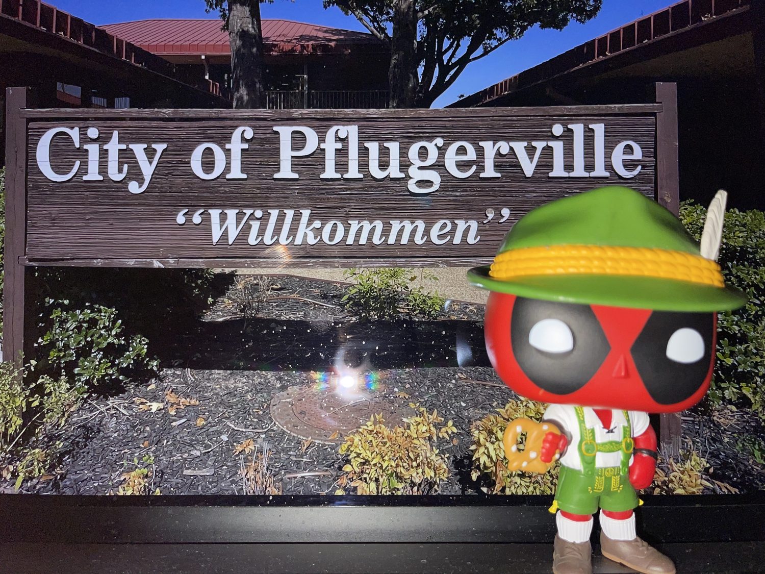The City of Pflugerville Willkommen welcome sign